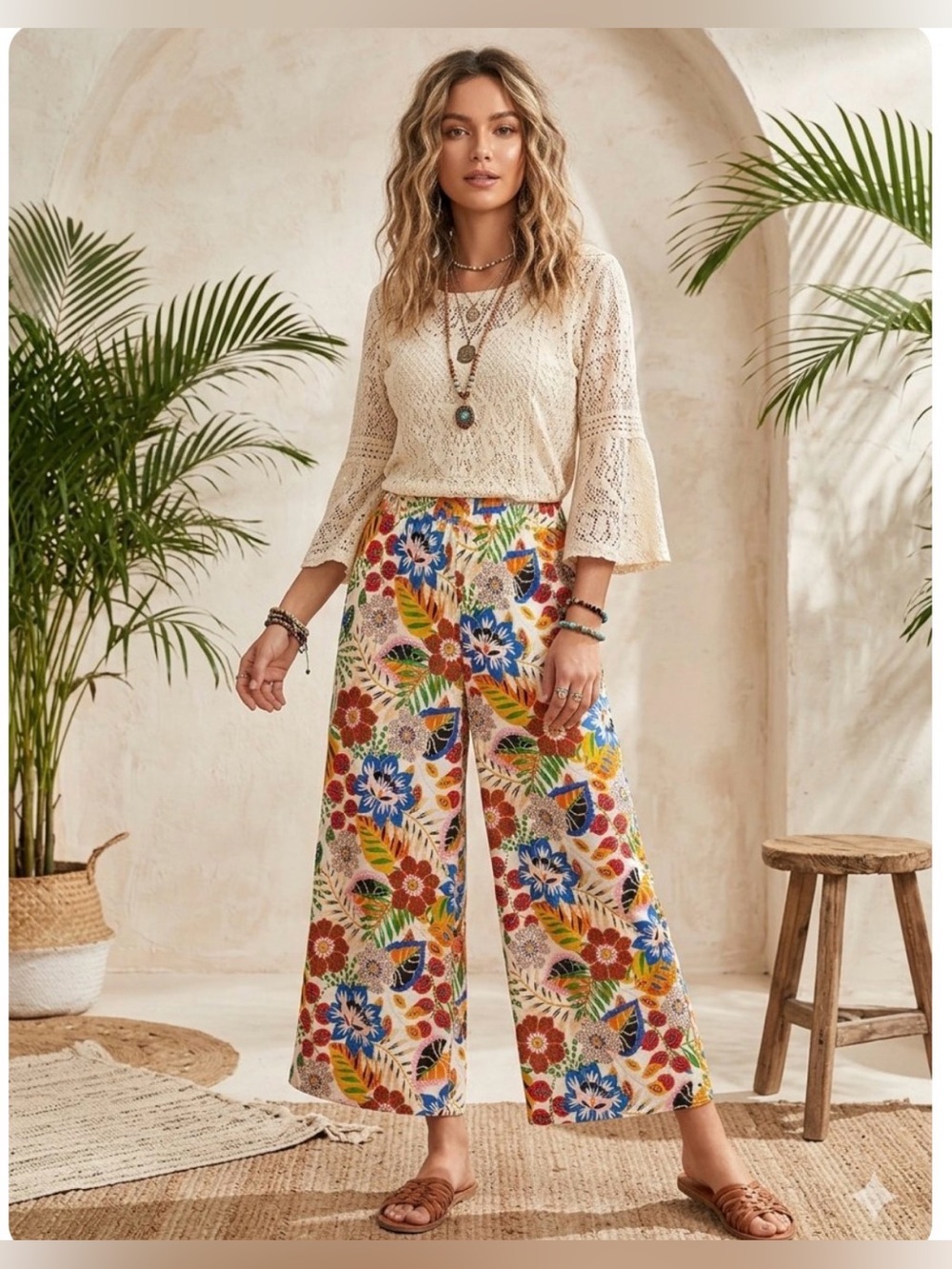 C&C California Tropical Floral Wide-Leg Linen Pants Size XL